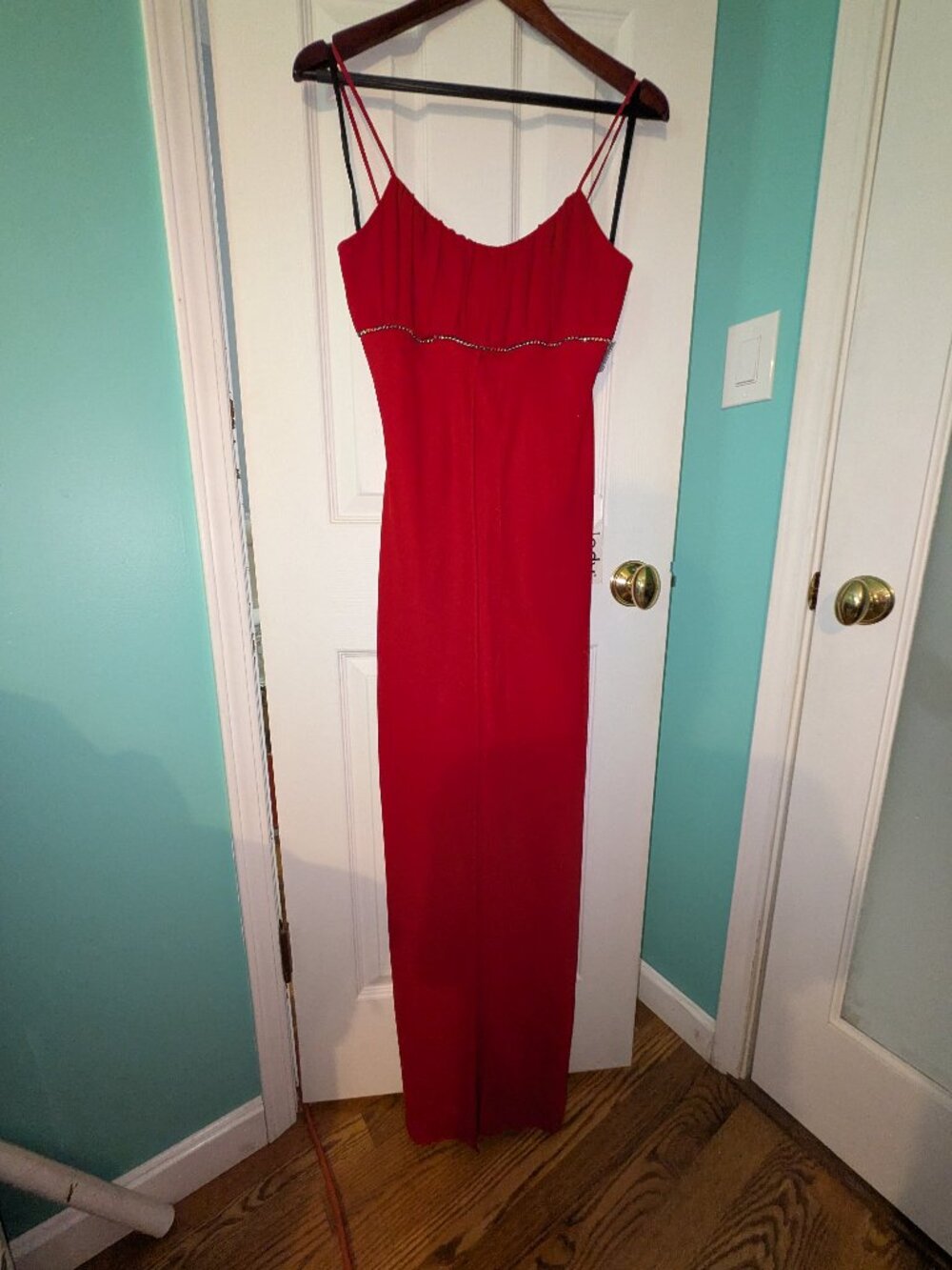 Red Spaghetti Strap Formal Gown with Rhinestone Detailing and Chiffon Overlay
